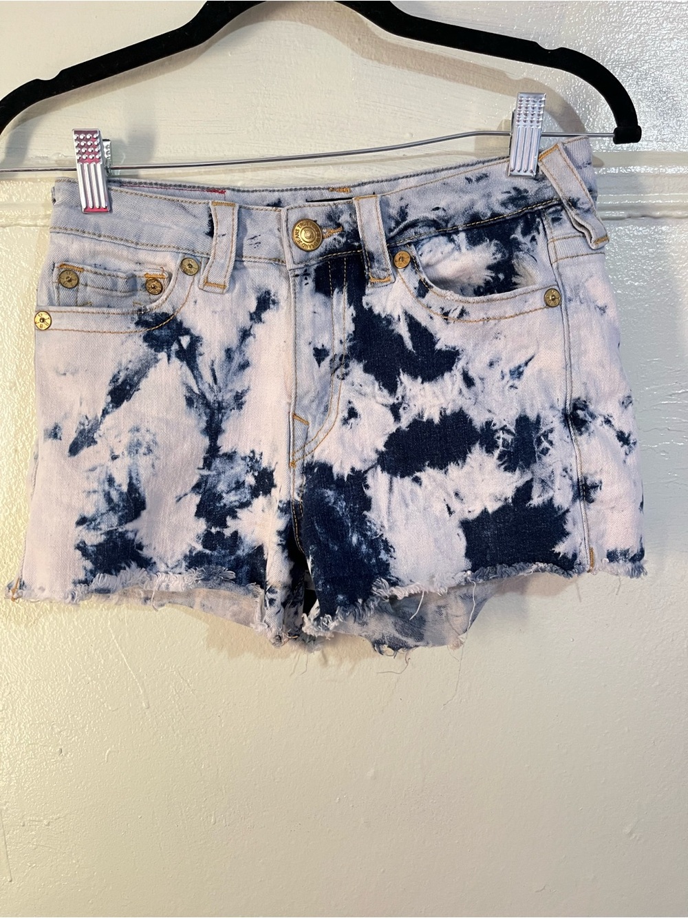 True Religion High Rise Tie-Dye Navy and White Denim Frayed Cutoff  hem Shorts